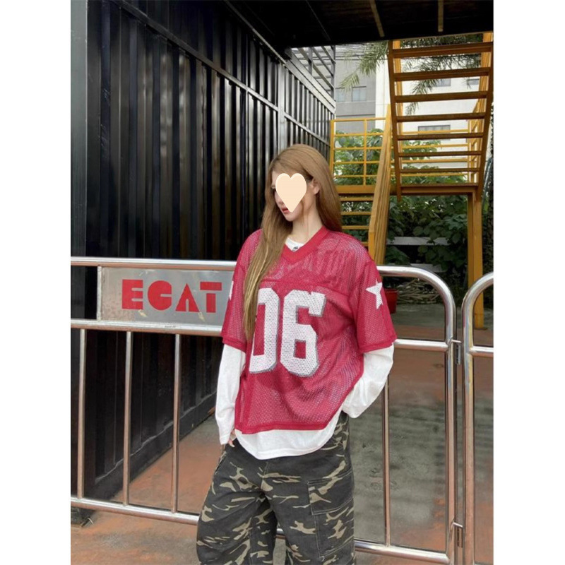 2025 American Retro Letter Printed Mesh Cut Out Jersey Short-Sleeved T-Shirt Women's Loose Sports Top Trendy