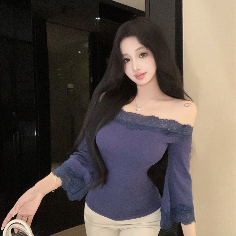 260g Rayon Lace Lace Off-Shoulder T-Shirt, Mature, Mature, Elegant Style, Blue Slim Short Three-quarter Sleeve Top