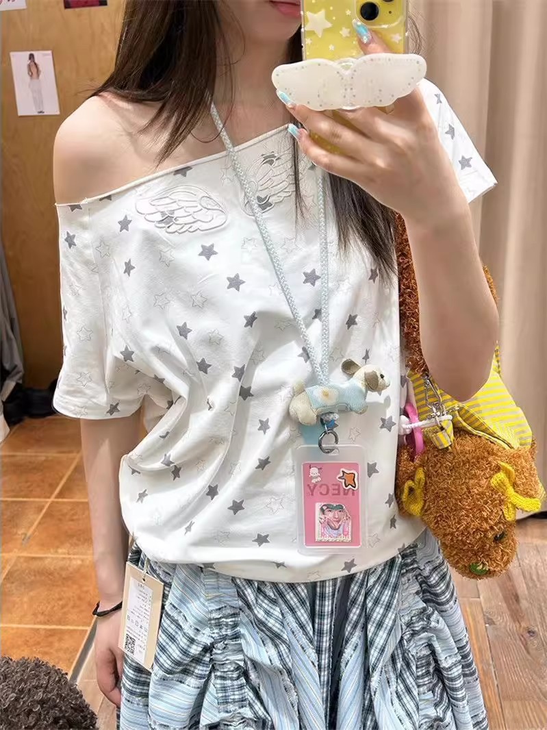 2025 Niche Stars Full Print One-Shoulder Short Sleeve T-Shirt Women's Summer Wing Print Design Slanted Shoulder Sweet and Spicy Top