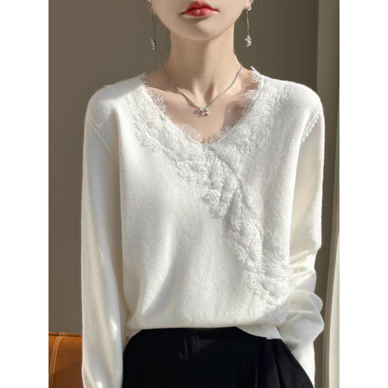 Design Sense Lace Collar Sweater Women's 2024 Spring New Soft Waxy Loose Western Style Pure White Base Shirt