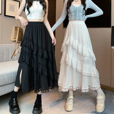 Design Sense Irregular Lace Skirt Women's Spring and Summer New Split Ruffled Large Skirt Cake Skirt