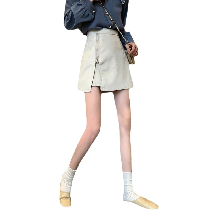 Leather skirt women's PU leather autumn new small high waist side zipper A- line skirt black hip skirt