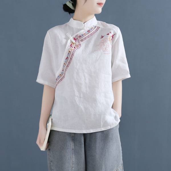 Picture of Cotton Linen Short-sleeved Shirt Women's 2024 Summer New Loose Design Sense Chinese Style Retro Buckle Embroidered Top Trendy