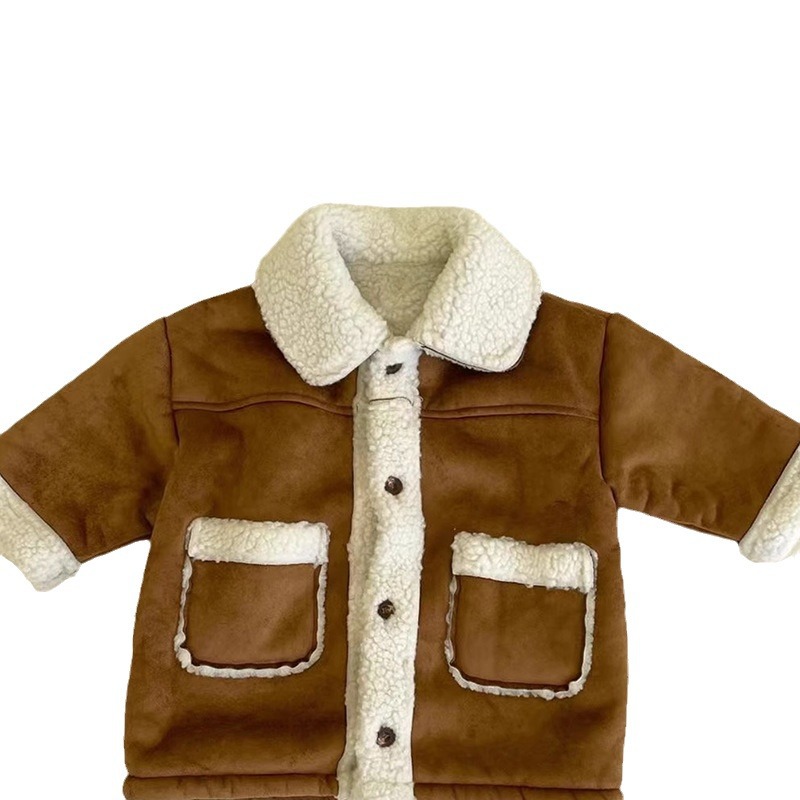 Picture of Korean Style Ins Children's Wear Winter New Color-block Cardigan fleece-lined Western Style Thickened Casual Lamb Wool Jacket for Boys and Girls