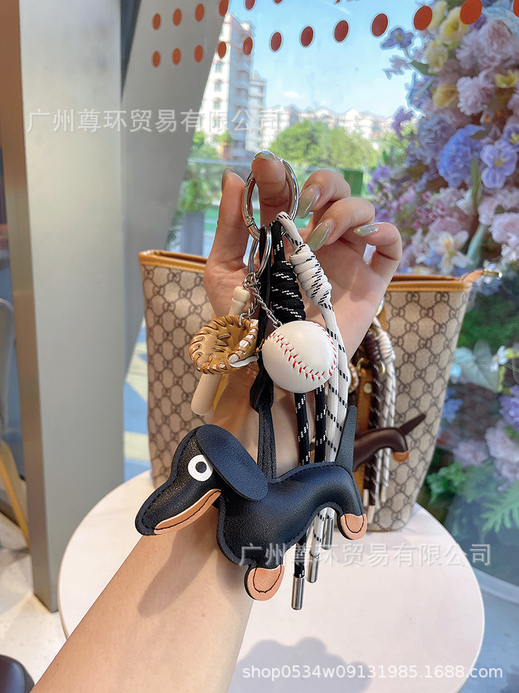 Picture of Ins Woven Rope Dachshund Dog Bag Keychain Pendant Leather Unisex Miu Cute Accessories Keychain