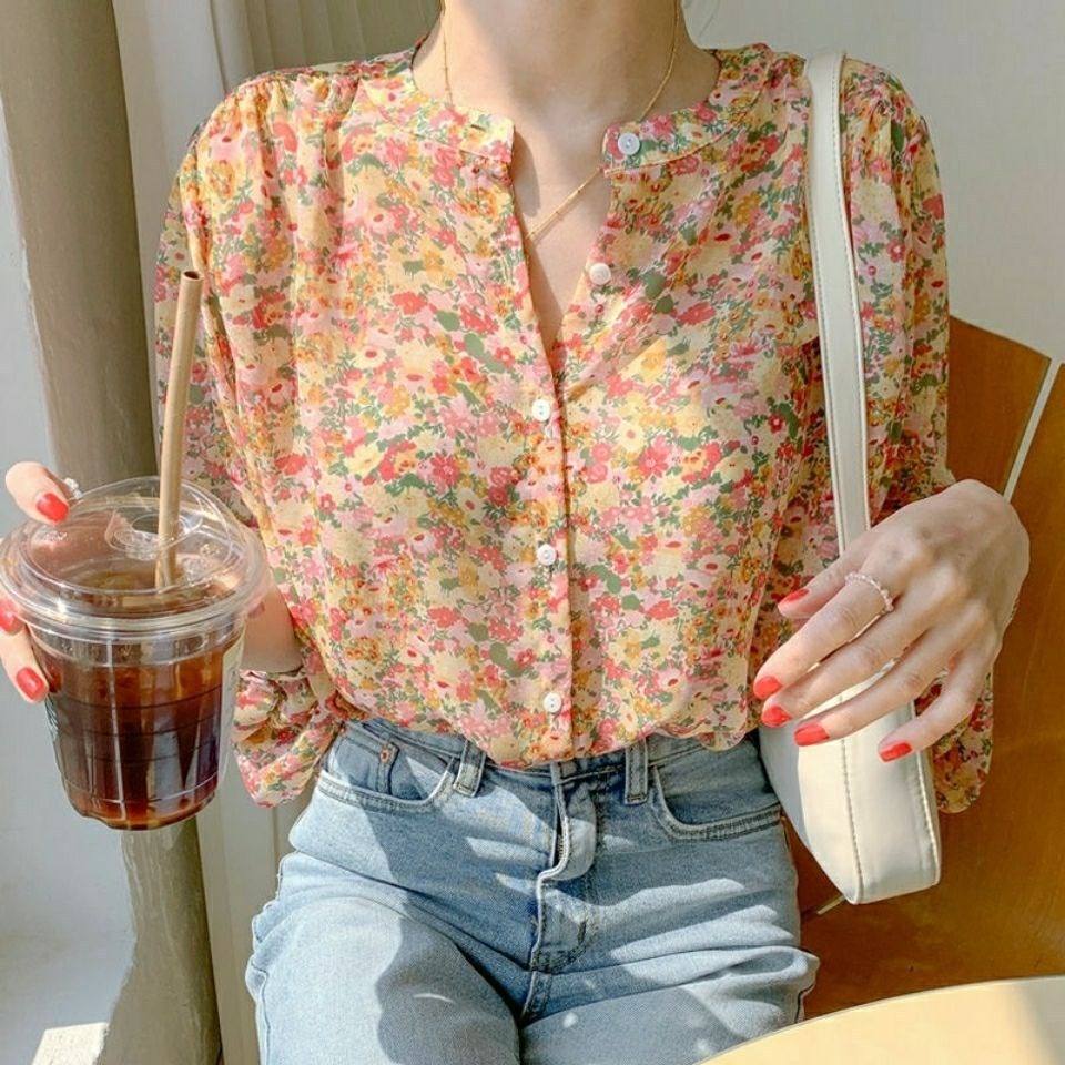 Floral Chiffon Shirt Women's Super Fairy Spring and Summer New Design Sense Long Sleeve Round Neck Printed Stylish Top Sweet Small Shirt