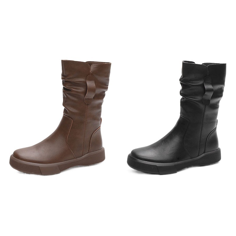 European and American Simple All-match Genuine Leather Martin Boots Women's Autumn and Winter Brown Middle Boots Breathable Warm Thick Heel Thick Bottom Boots
