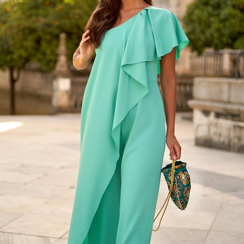 Picture of Fd1329 In-Stock 2025 Summer New Cross-Border Women's Fashion Solid Color Loose Asymmetrical Shoulder Long Jumpsuit