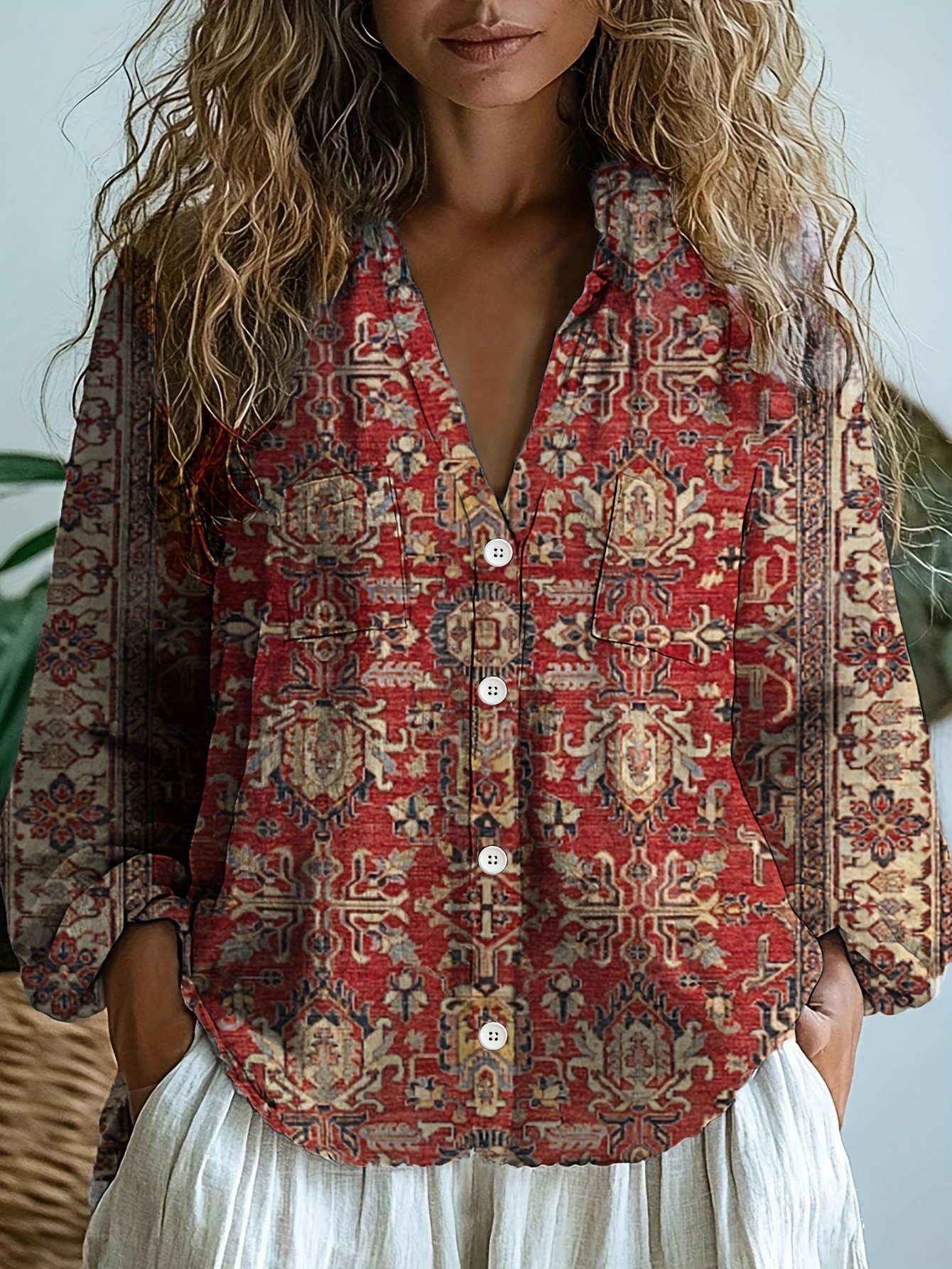 Picture of Spot Cross-Border Women's Casual Work Clothing Shirt Western Ethnic Style Geometric Print Long-Sleeved Women's Shirt