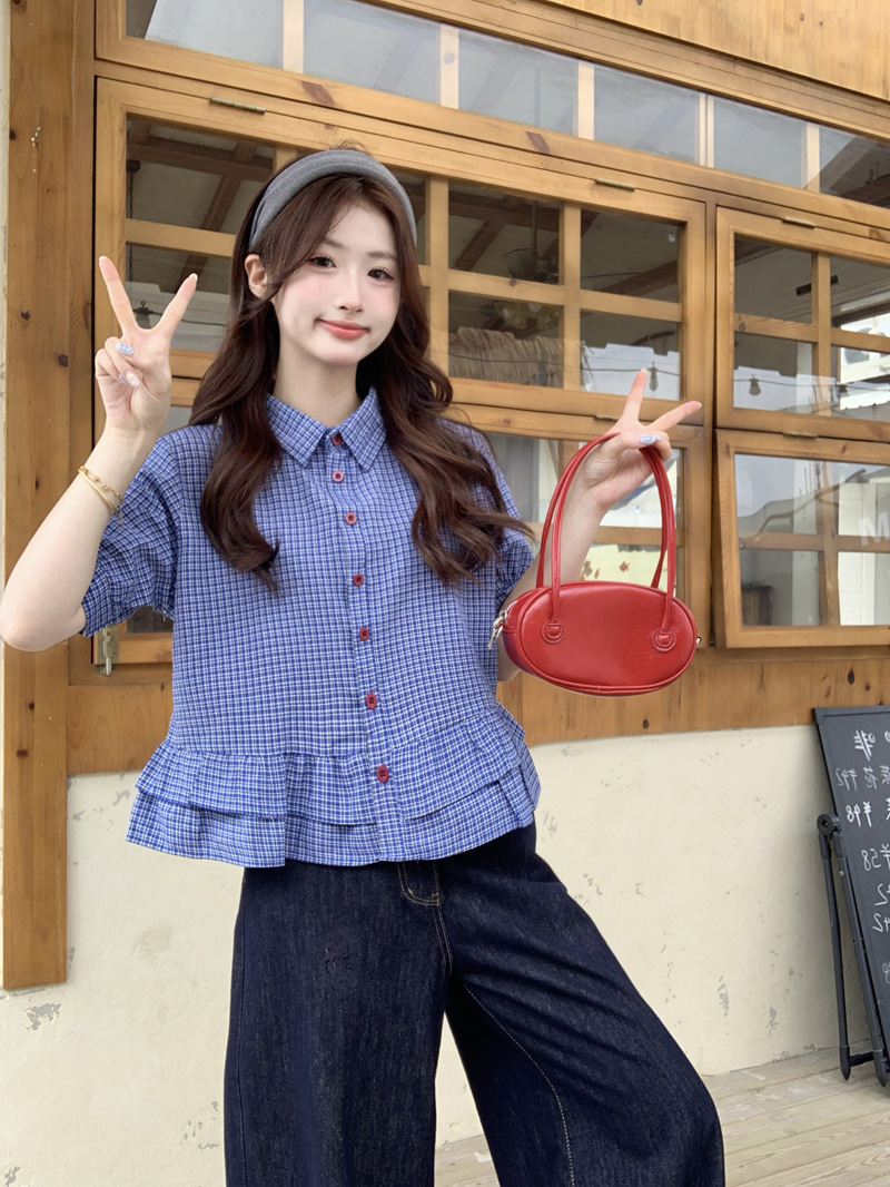 Cross-Border Blue Plaid Shirt Women's Summer New Loose Slimming Sweet Babydoll Shirt Ruffled Hem Top
