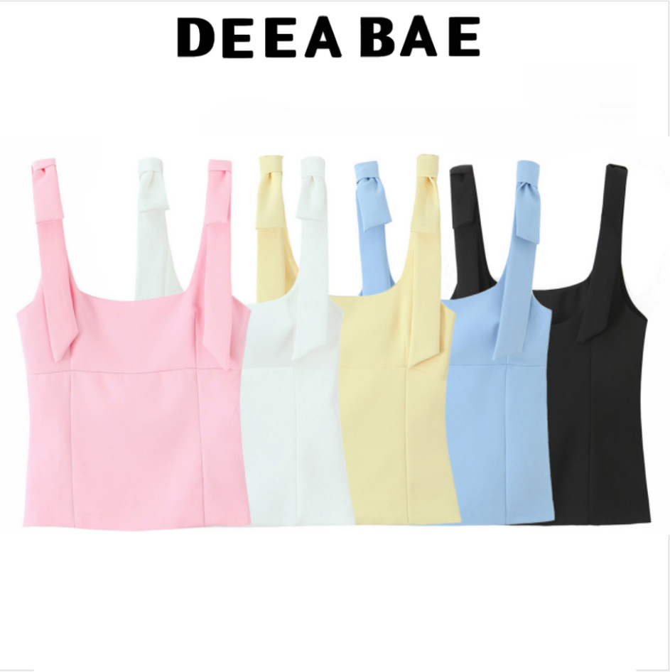 Deeabae Summer New Women's European and American Style Bow Decorated Square Neck Slim Top Women 2912777