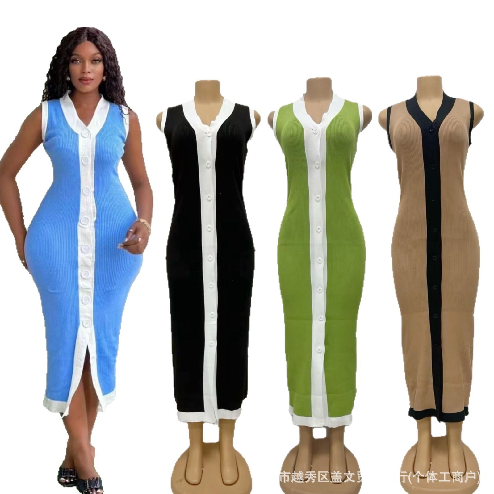 Cross-Border Amazon 2024 Contrasting Color Thread Single-Breasted V Neck Sleeveless Stretch Knitted Midi Dress