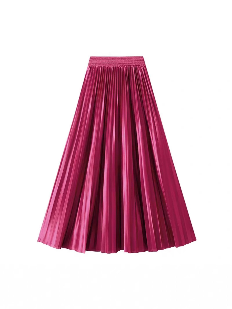 Metallic Glossy Satin Draped Large Swing Skirt Women's 2025 Spring New Long Pleated Skirt