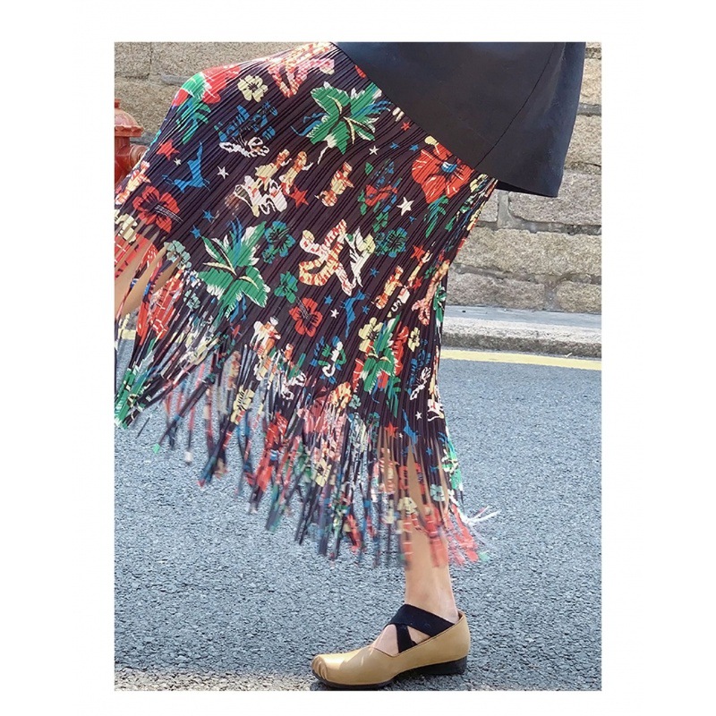 2024 Summer Pleated Fashionable Slim Fit Miyake Printed Pleated Tassel Skirt
