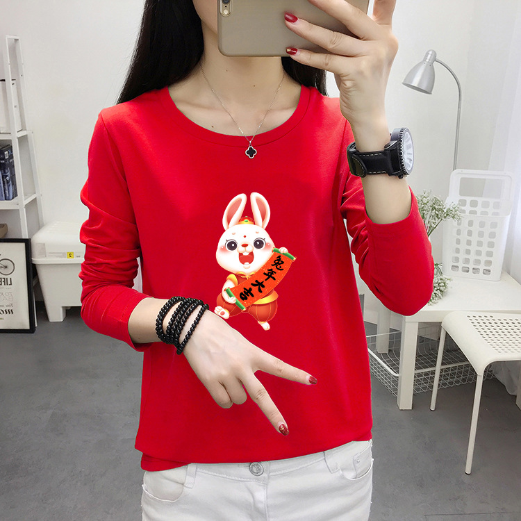 Factory Hair Red Spring Festive Pattern Year of the Rabbit Long Sleeve Couple T-Shirt Round Neck Loose Top Base