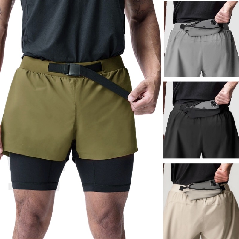 European and American Fitness Quick-Drying Sports Shorts Men's Waist Bag Running Training Elastic Nylon Marathon American Double-Layer Shorts