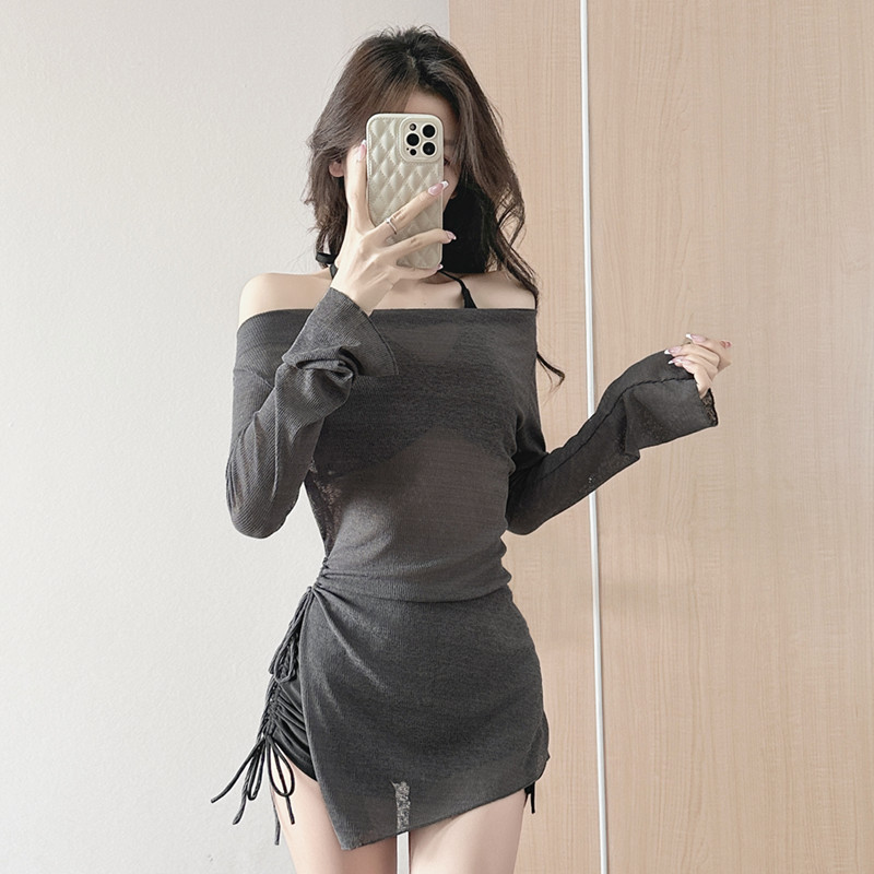Swimsuit Women's Split Bikini Three-Piece Set Slimming Look Sexy Small Breast Push-Up 2025 New Hot Spring Long-Sleeved Blouse