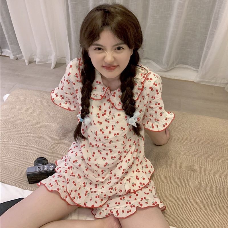 Sweet Cherry Short-sleeved Pajamas Shorts Set Summer 2023 New Style Fresh Style Outwear Casual Home Clothes for Women