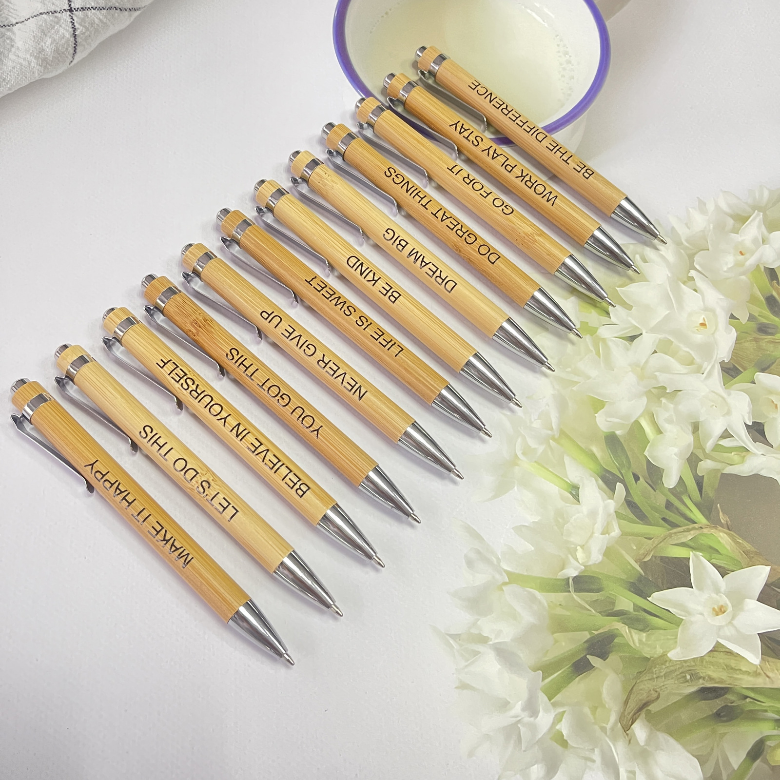12 PCs a set of bamboo ballpoint pen funny text ballpoint pen suit press ballpoint pen inspirational ballpoint pen