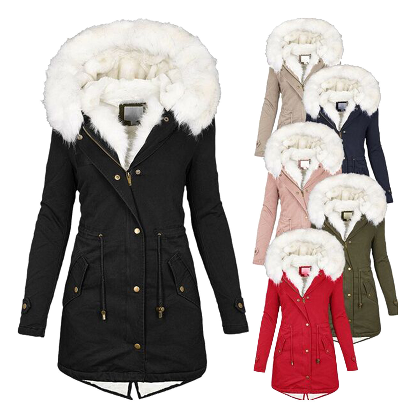 Hot Sale Foreign Trade New plus size Cotton Coat Coat Hooded Wool Collar Waist Thickened Mid-length Women's Cotton Coat