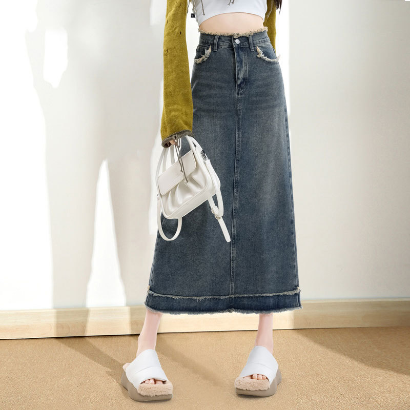 Fashion design frayed skirt Denim women's ins style high waist niche retro slimming mid-length hip skirt summer