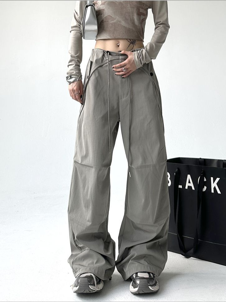 2025 Summer American Sports Slimming Gray Cargo Pants Women's Wide-leg Pants Design High Waist Slim Breathable Paratrooper Pants