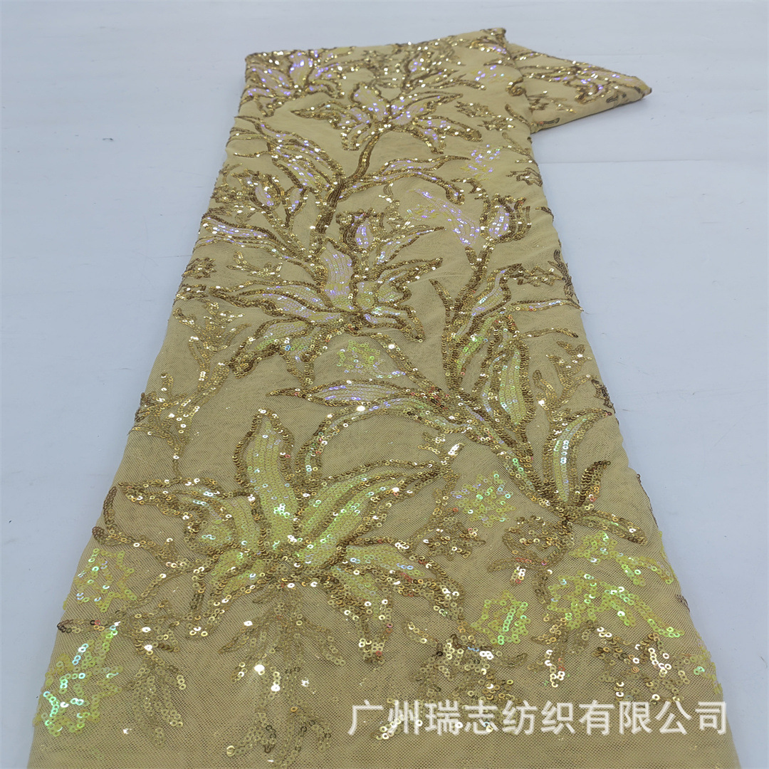 African lace bridal dress sequins lace fabric lily beads embroidered mesh fabric Sequins Lace