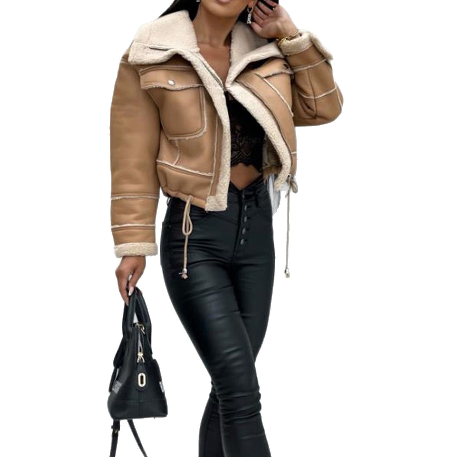 Picture of International Trend Short Leather Coat Short Zipper Motorcycle Leather Jacket Women's Winter