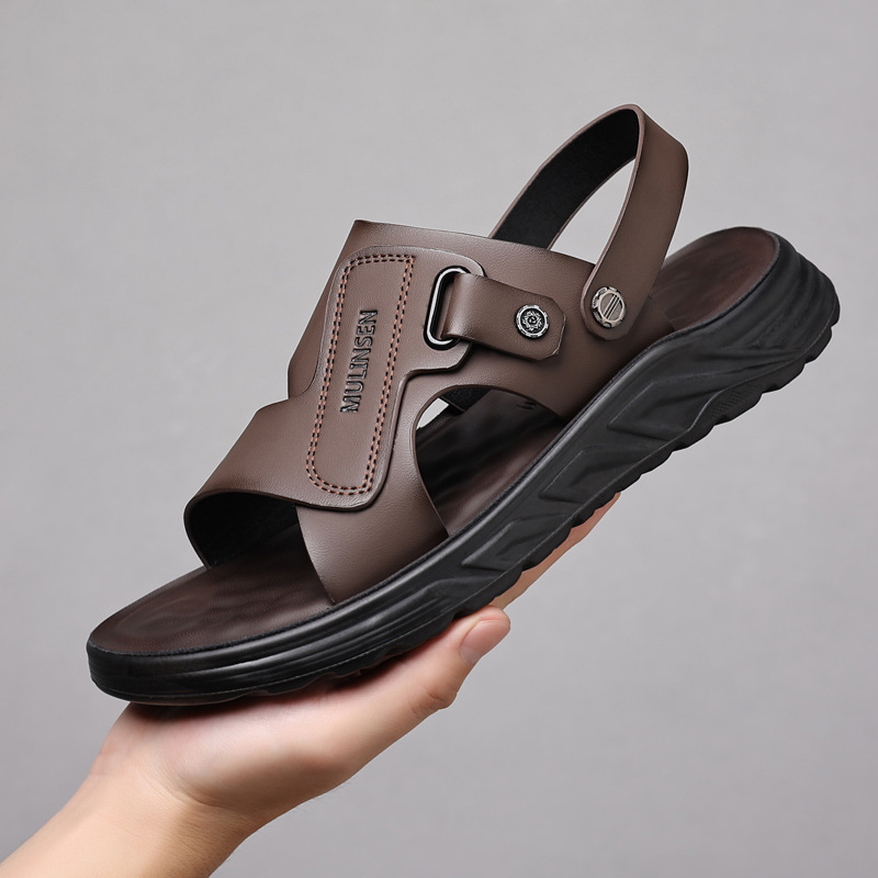 Sandals Men's Summer Genuine Leather Casual Beach Shoes Men's Outer Wear Non-slip Soft Sole Dual-purpose Slippers Men's Driving
