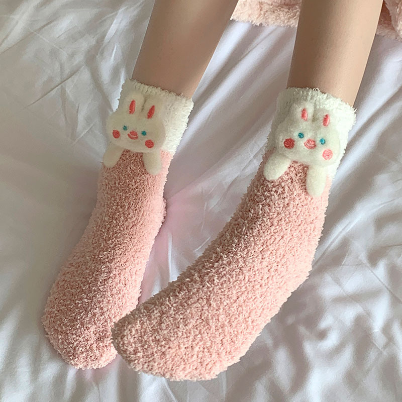 Picture of Cute Coral Fleece Socks Women's Three-dimensional Cartoon Doll Winter fleece-lined Thickened Warm Postpartum Home Sleep Socks