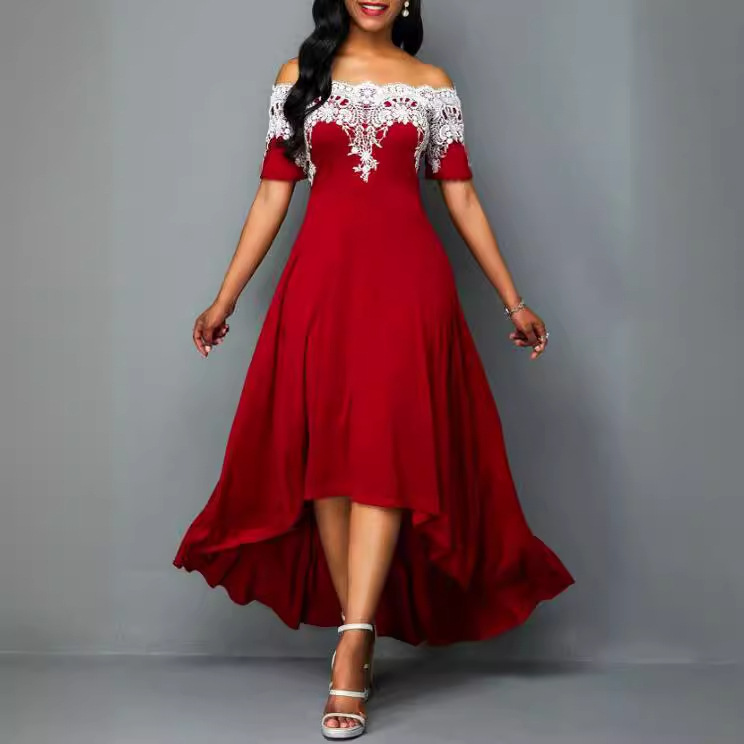 European and American plus size Amazon wish AliExpress eBay off-shoulder lace stitching irregular large dress women