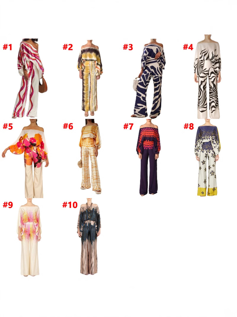 D9713 European and American Hot Women's Casual Fashion Satin Printed Loose One-Neck Top Trousers Two-Piece Set