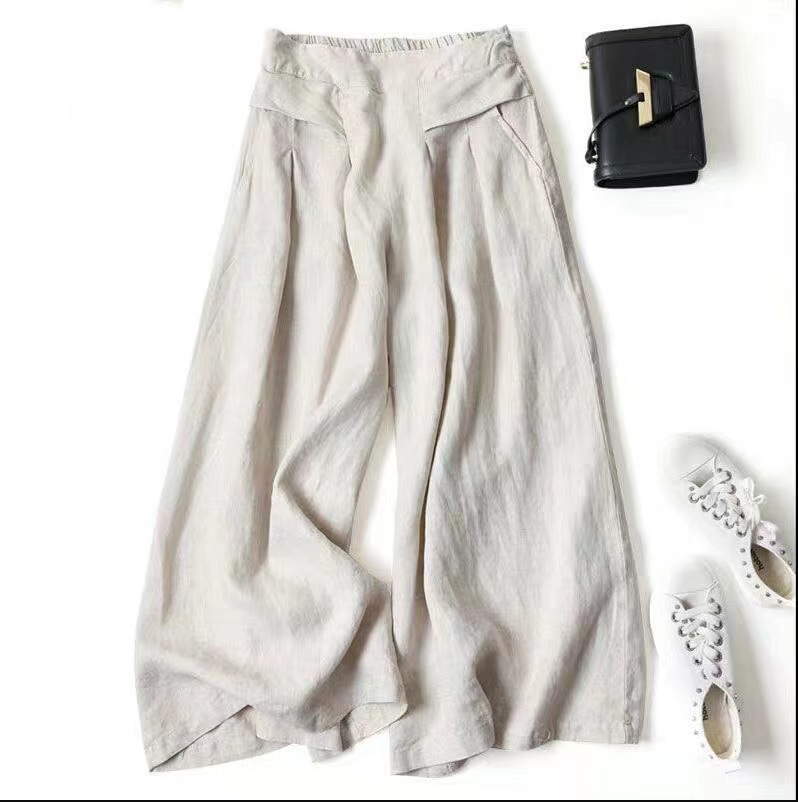 Loose Pendant Artistic Cotton and Linen Wide-leg Culottes 2023 Summer Women's Half-elastic High Waist Thin Slimming Ankle-length Pants