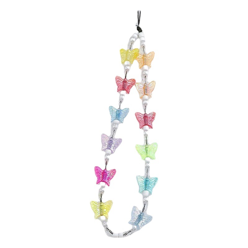 Trendy New Imitation Pearl Mobile Phone Chain Colorful Butterfly Anti-lost Key Lanyard Mobile Phone Case Accessories Pendant Pendant for Women