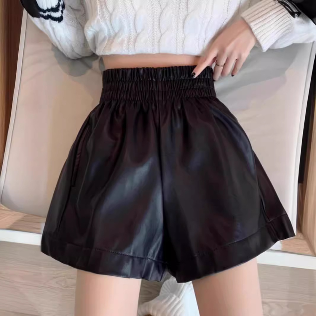 2025 Autumn and Winter PU Leather Shorts High Waist Slim Korean Style Black Casual Loose Wide Leg Shorts Outer Wear Boots Pants