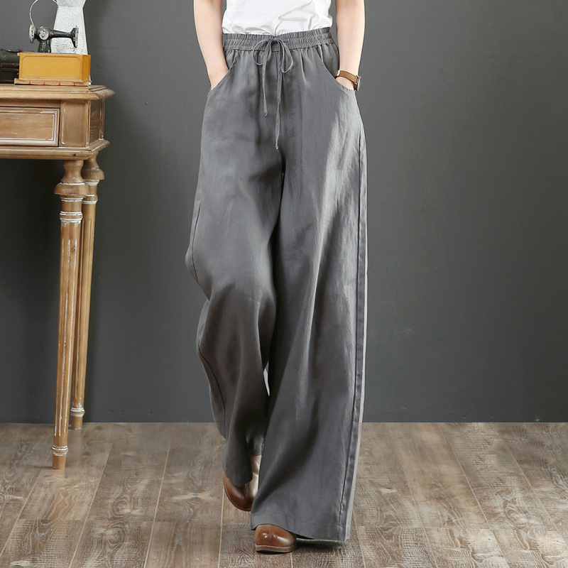 Picture of Korean 2025 Spring and Summer Artistic Cotton and Linen Loose Plus-Size Wide-Leg Pants High-Waisted Floor-Length Straight-Leg Linen Women's Pants