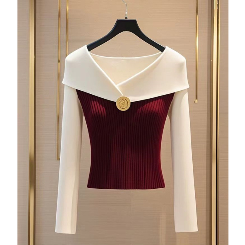 Picture of Korean Chic Burgundy Knitted Sweater for Women 2025 Autumn and Winter New Style Foreign Style and Chic Inner Bottoming Top