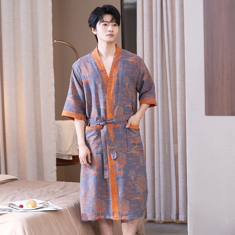 Picture of Class A Spring and Summer Thin Pajamas Pure Cotton Double Gauze Bathrobe Home Clothes Nightgown Couple's Water Absorbent Quick-drying Bathrobe