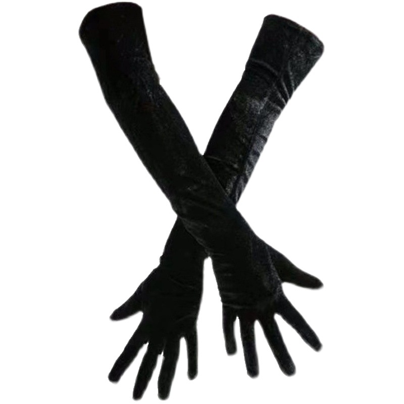 Black Satin Velvet Gloves Long Bag Finger Evening Dress Banquet Photo Jewelry Hepburn Style Spandex Bride Vintage