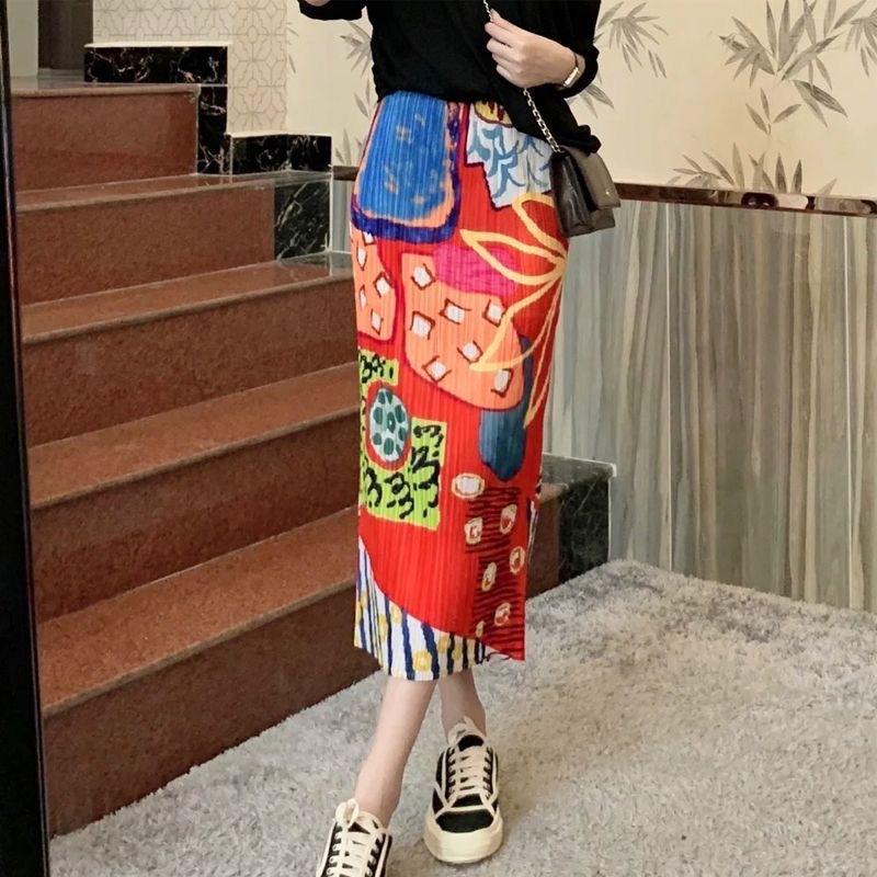 Picture of Niche design pleated skirt spring and summer thin elastic waist printed slimming age-reducing hip slit pleated skirt