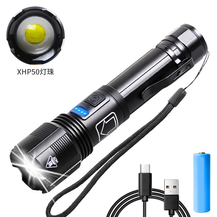 Cross-Border New Xhp-70 Strong Light Telescopic Zoom with Pen Buckle Power Display Tybe-C USB Rechargeable Flashlight