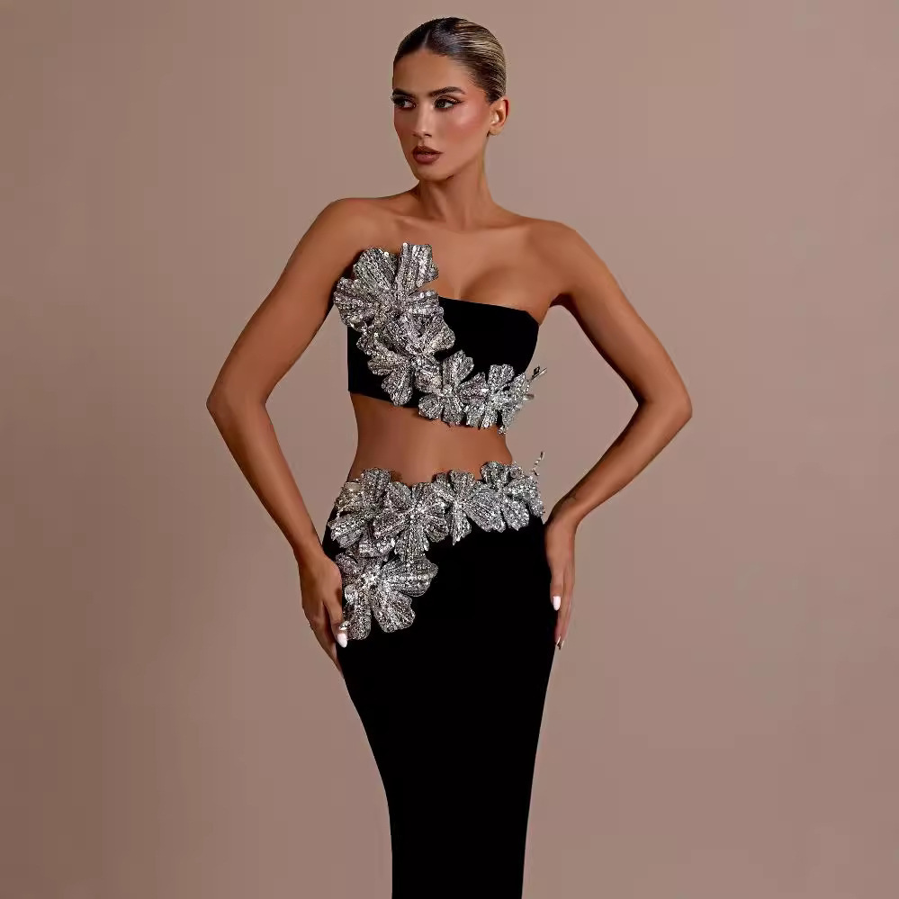 Fashion suit heavy-duty drill tube top high waist skirt European and American bandage two-piece party dress