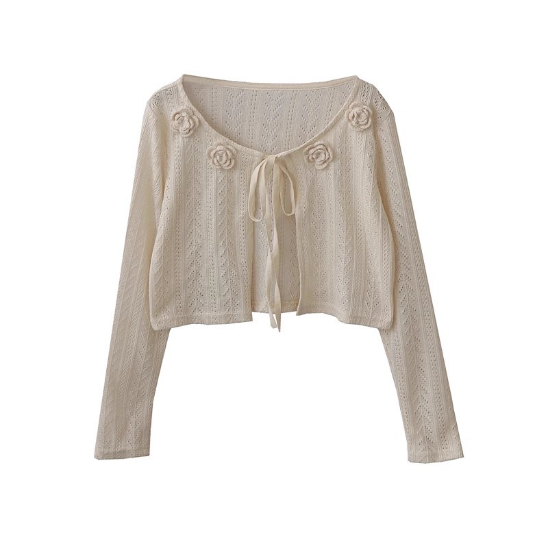 Autumn New French Style Retro Elegant Gentle Handmade Camellia Crochet Hollow Short Coat Niche Top