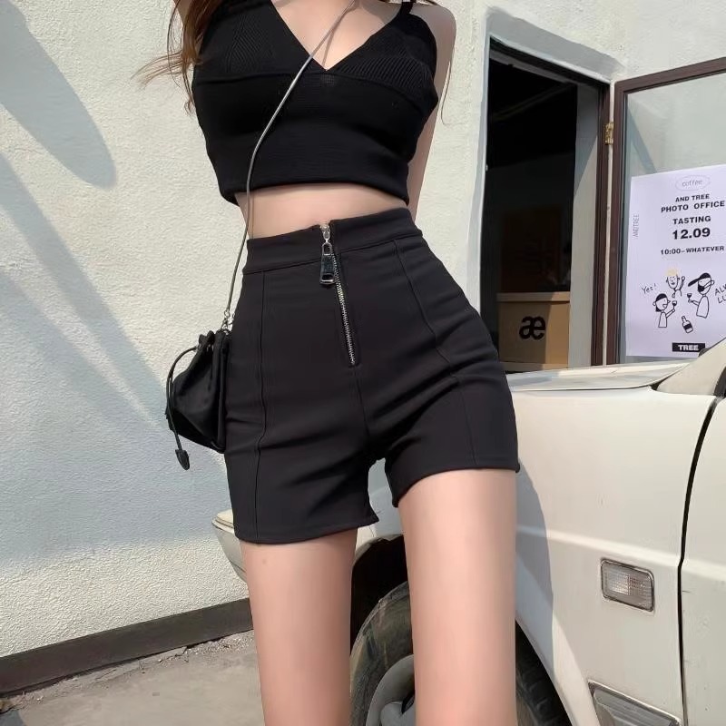 Black Zipper Shorts Women's High Waist Loose Slimming A- line Wide Leg Casual Hot Pants 2024 Summer New Arrival for Small Men