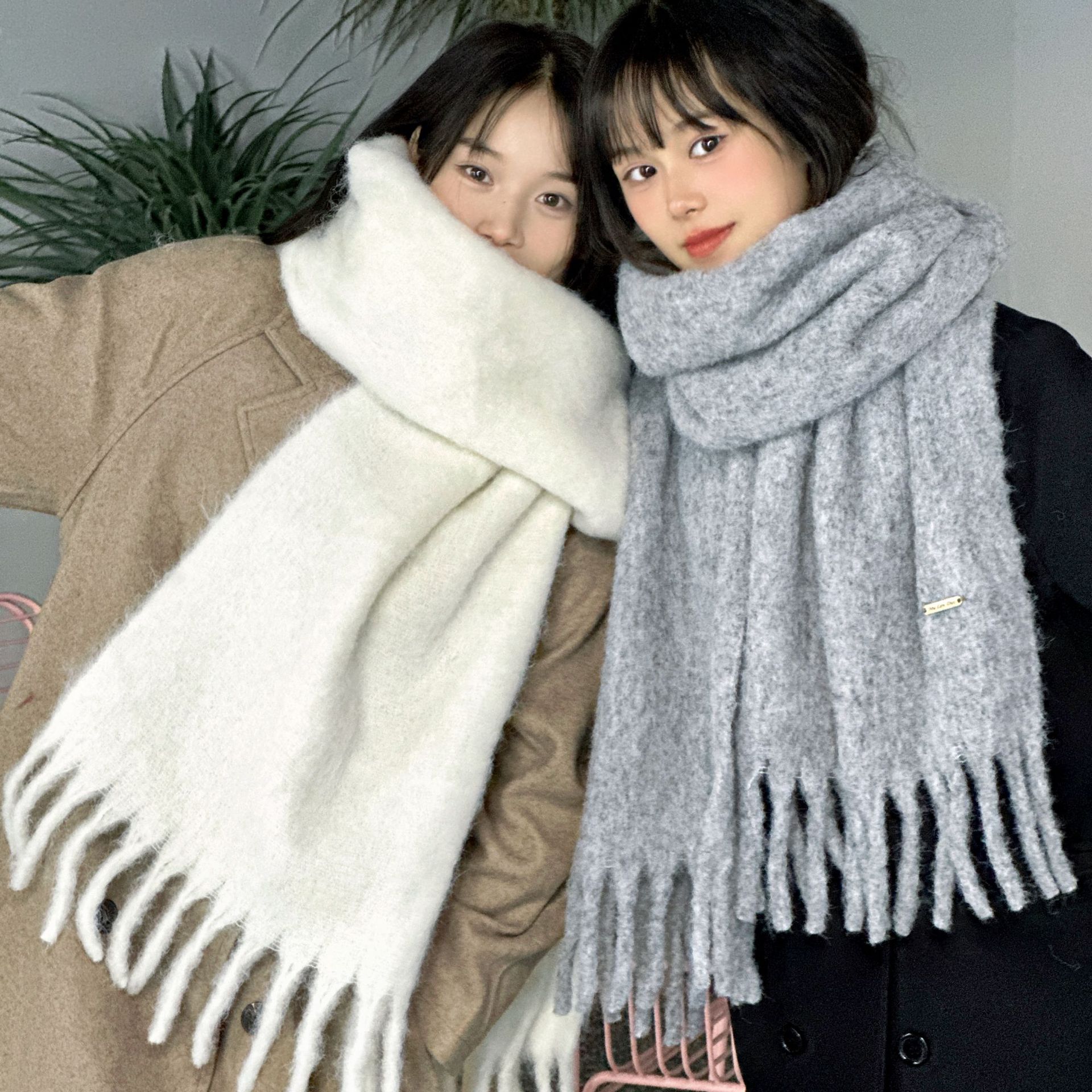 Wool added upgrade ~ dark blue light blue * solid color mohair Korean style versatile solid color scarf autumn and winter scarf for lovers