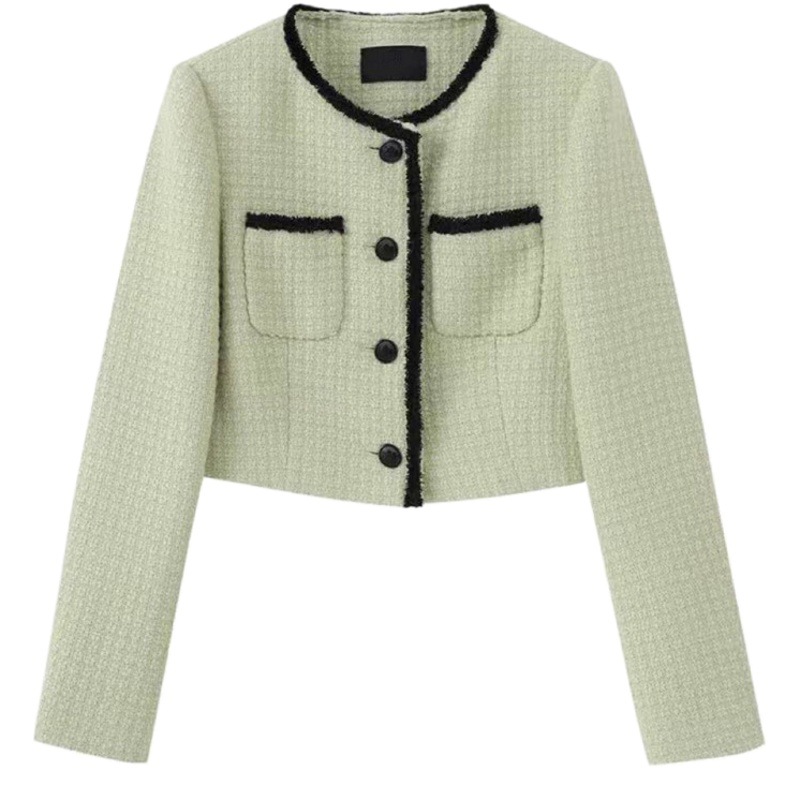 23 autumn and winter South Korea stars with fresh light green temperament commuter crew neck single breasted short small fragrant style coat