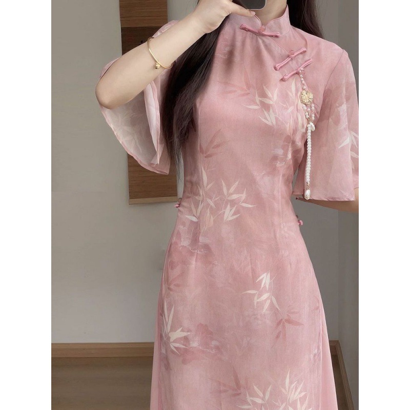 New Chinese Pink Aodai Cheongsam 2024 New Improved Young Slim-Fit Slimming Summer Daily Girl Tea Clothes