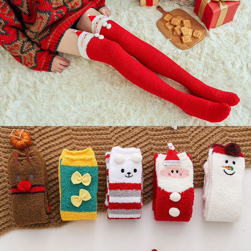 Winter Thickened Socks Children's Coral Fleece Christmas Socks Cute Cartoon Home Socks Floor Over-the-Knee Women's Socks ins