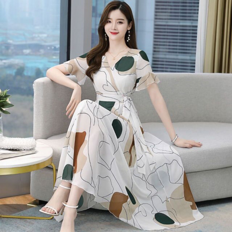 dress 2024 New Short Sleeve Ice Silk Large Swing Skirt Tight Waist Slimming Elegant Goddess Fan White Fairy Skirt