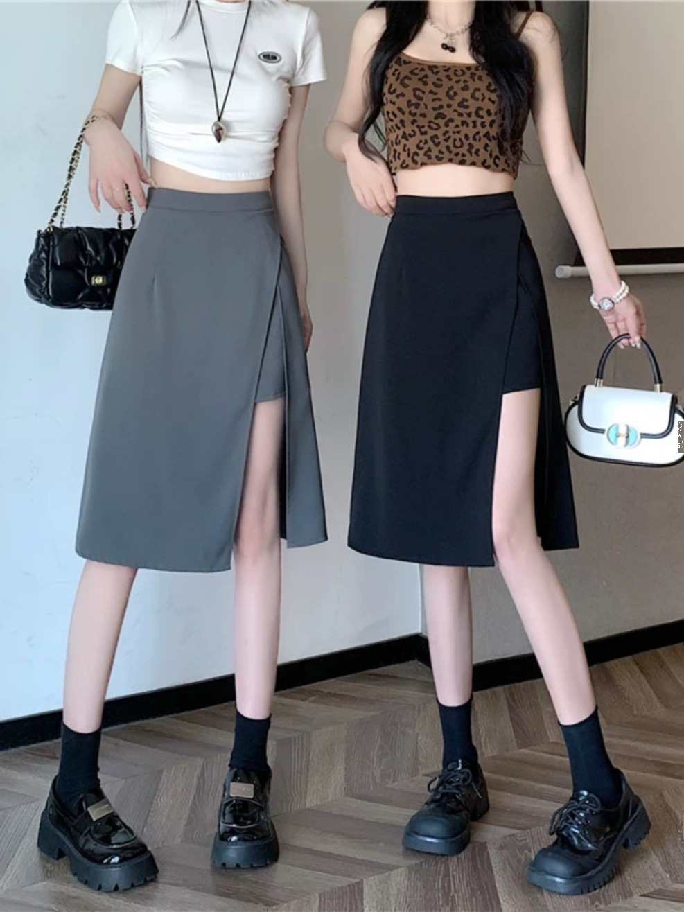 High Waist Split Black Skirt 2024 Summer Design Sense chubby girl All-match Loose Lining Anti-running Short Skirt